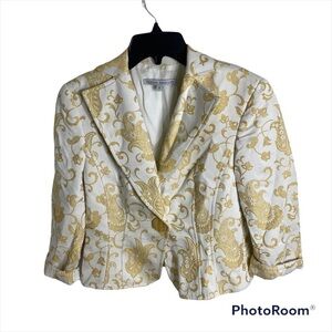 Donna Degnan Gold Paisley Print Jacket Sz 2 White Coat Blazer Women’s